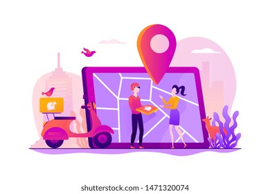 Delivery man delivered pizza to customer by scooter, map on tablet, tiny people. Food delivery service, online food ordering, 24 7 food service concept. Vector isolated concept creative illustration.