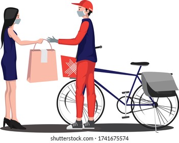 Delivery man is delivering package to the recipient using bicycle