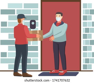 a delivery man delivering package to a man while keeping their safe distance