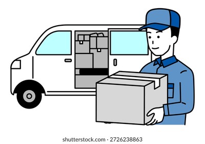 Ein Lieferant, der ein Paket in einem weißen Lieferwagen ausliefert
