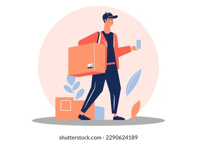 Delivery man delivering parcel box sending to customer home on wisolated white background. Business and logistic concept. Flat design. Vector illustration