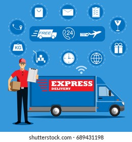 Delivery man delivering parcel box with icons, express delivery service concept, cartoon flat-style vector illustration.