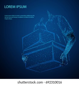 Hombre de entrega entregando cajas de paquete, concepto de trabajo, Anuncio de Web con espacio de copia. Cielo estrellado o espacio, que consiste en estrellas y el universo. Ilustración de negocio de Vector