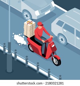 Delivery man delivering pizza on red scooter against black and white background 3d isometric vector illustration