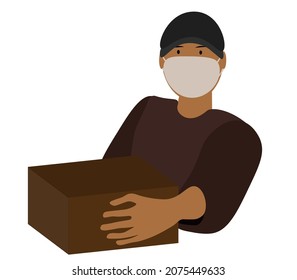 Delivery man delivers box goods vector