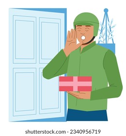 delivery man delivers box package home door in flat illustration 