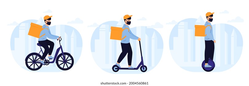 Delivery man delivers food by electric bike, scooter, monowheel. Eco transport. Transportation and green vehicle