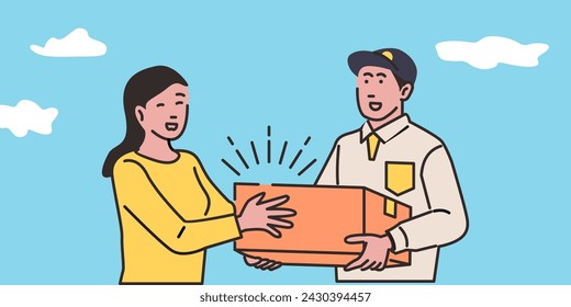 A delivery man delivers a package to a female customer