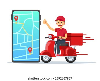 The delivery man delivers the parcel box. A smartphone with a mobile app for tracking shipments.