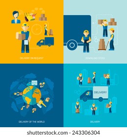 Delivery man design concepts set with request stock world icon flat isolated vector illustration