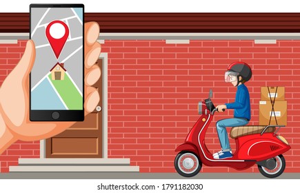 Delivery man diving motorcycle or moterbike with map screen on smartphone illustration