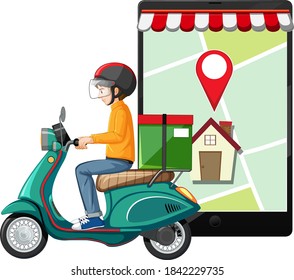 Delivery man diving motorcycle or moterbike with map screen on tablet illustration