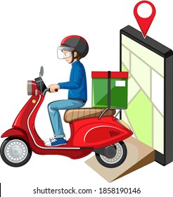 Delivery man diving motorcycle or moterbike with map screen on tablet illustration