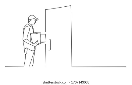 Delivery Man At Door With A Box, Paper Bag. Line Drawing Vector Illustration.