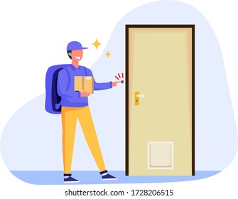 The delivery man at the door of the house hands over the package box. Modern flat style vector illustration design on a white background for a website or landing page