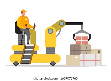 Delivery man driving a loader. Courier in uniform carrying box. Character in a cap. Delivery service. Vector illustration in cartoon style
