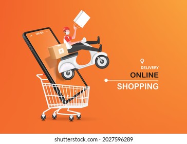 A delivery man driving a motorcycle or scooter float out of the smartphone And it's all in a shopping cart for delivery and online shopping concept,vector 3d on orange background