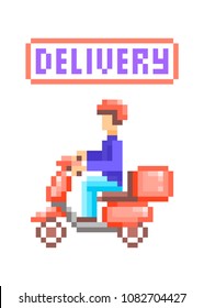 Delivery man driving red motorcycle scooter, pixel art character isolated on white background. Fast food restaurant order mobile app/site icon.Online shopping service symbol. Courier guy on a mission.