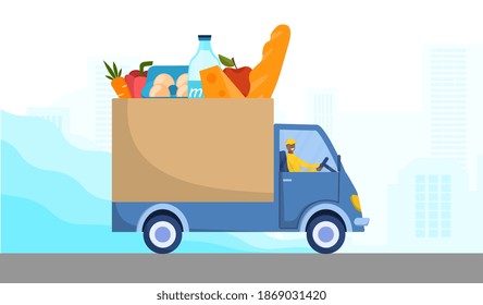 Delivery man driving truck full of fresh food. Abstract concept of fast food delivery to apartment or office. Flat cartoon vector illustration