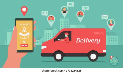 Un repartidor conduce una furgoneta de camino a casa del cliente. Mano usando smartphone con aplicación móvil para el seguimiento de entregas en línea y servicio de pedidos. Concepto logístico de tecnología inteligente, ilustración vectorial plana