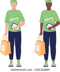 Delivery man with eco package semi flat color vector character set. Posing figure. Full body people on white. Order isolated modern cartoon style illustration for graphic design and animation bundle