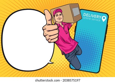 Delivery man employee with big box thump up out from smartphone In Retro Vintage Pop Art Comic Style