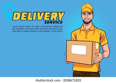 Delivery Man Employee With A Big Box In Retro Vintage Pop Art Comic Style