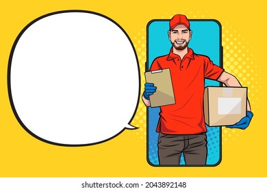 Delivery man employee with big box thump up out from smartphone In Retro Vintage Pop Art Comic Style