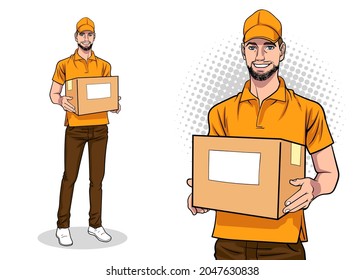 Delivery Man Employee With A Big Box In Retro Vintage Pop Art Comic Style