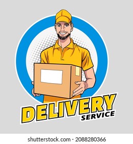 Delivery Man Employee With A Big Box In Circle Frame  Pop Art Comic Style