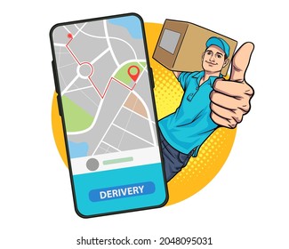 Delivery man employee carrying big box thump up out from smartphone pop art comics style.