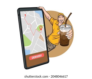 Delivery man employee with cups of coffee online concept Pop Art Comic Style
