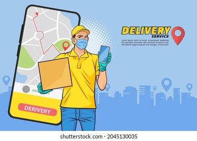 Delivery man employee with Navigation Fast online delivery service Online order Pop Art Comic Style
