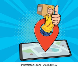 Delivery man employee with Navigation thump up out from smartphone In Retro Vintage Pop Art Comic Style