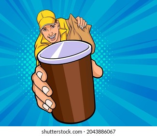 Delivery man employee with paper bag and cups of coffee  In Retro Vintage Pop Art Comic Style