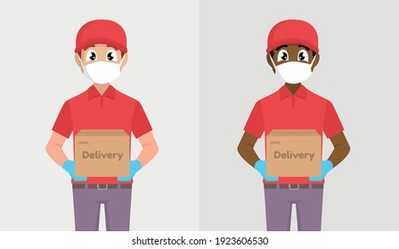 Empleado de repartimiento con guantes de máscara con uniforme de camiseta de tapa roja sostiene caja de cartón vacía.