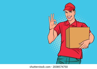 Delivery man employee in red cap with a big box showing ok gesture In Retro Vintage Pop Art Comic Style