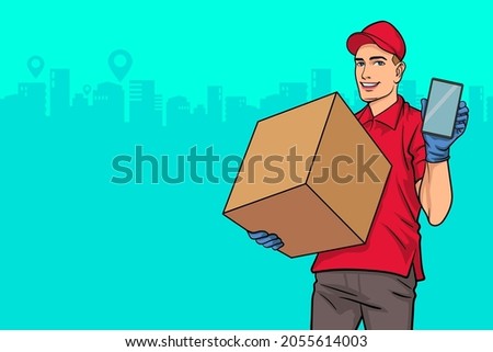 Delivery man employee in red cap with holding parcel and mobile phone pop art comics style.