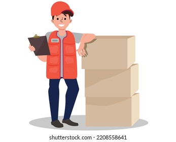 Delivery man employee man in uniform work cap and vest as dealer courier holds blank cardboard box isolated on white background.