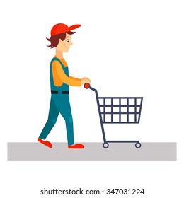 Delivery Man with Empty Cart, Flat Vector Illustration 