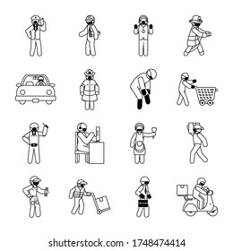 delivery man and essential workers icon set over white background, line style, vector illustration