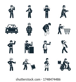 delivery man and essential workers icon set over white background, silhouette style, vector illustration
