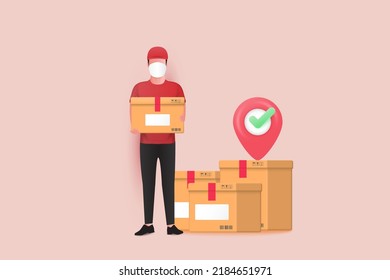 Hombre de entrega con una máscara facial que sostiene una caja de paquetes y una pila de paquetes en un fondo aislado. Servicio de mensajería o entrega. Ilustración vectorial 3d.