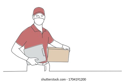 Delivery man with face mask and medical gloves are holding parcel post box and clipboard. Concept of safe package delivery against. Hand drawn vector illustration.