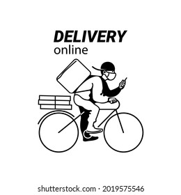 Delivery man in face mask on bike. Courier on bicycle with parcel box checking order with a smart phone. Online delivery service. Hand drawn vector illustration isolated on white background.