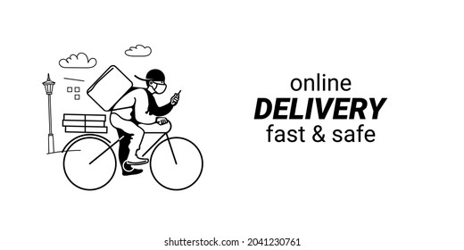 Hombre de paro con máscara facial en bicicleta sobre el fondo del paisaje urbano. Correo en bicicleta con caja de paquetes orden de verificación con un teléfono inteligente. Ilustración vectorial dibujada a mano aislada en blanco.