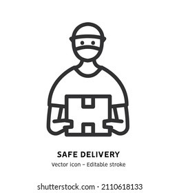 Delivery man in face mask outline icon. Safe delivery pictogram. Warehouse worker line icon. Warehouse loader, global logistic industry, delivery service flat outline icon. Editable stroke