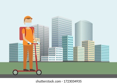 Delivery man in face mask riding on kick scooter. Vector illustration. 