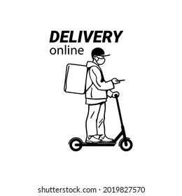 Delivery man in face mask riding electric scooter. Courier on kick scooter with parcel box checking order with smartphone. Online delivery service. Hand drawn black and white vector illustration.
