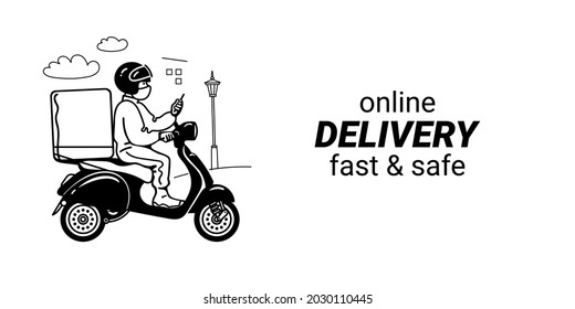 Delivery man in face mask riding scooter on background of urban landscape. Courier on motorbike with parcel box checking order with smartphone. Online delivery service. Hand drawn vector illustration.